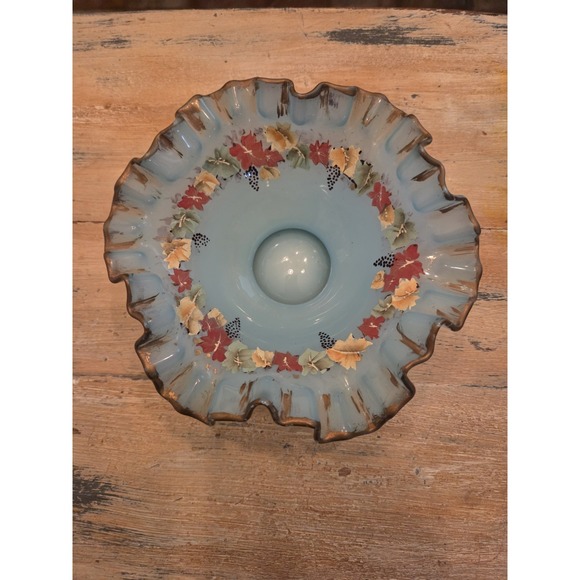 Fenton Other - 6" Fenton Charleston Opaque Blue Overlay Leaves & Grapes Ruffled Edged Glass...